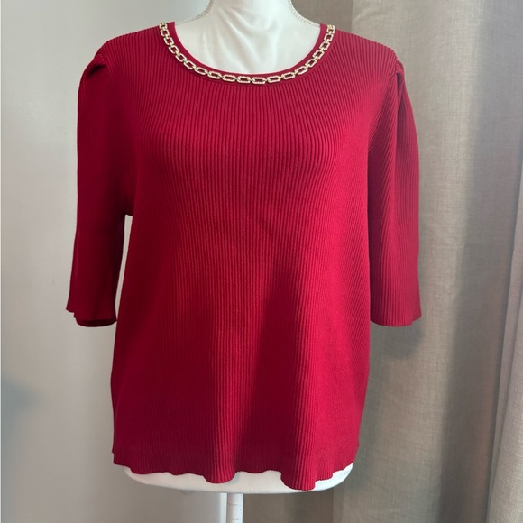Nanette Lepore Red Ribbed Sweater 3/4 Length Sleeve Scoop Neck Size XLarge - Picture 1 of 5